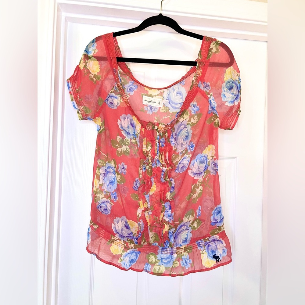 Abercrombie & Fitch Coral Sheer Floral Short-Sleeve Blouse - Flower Pattern